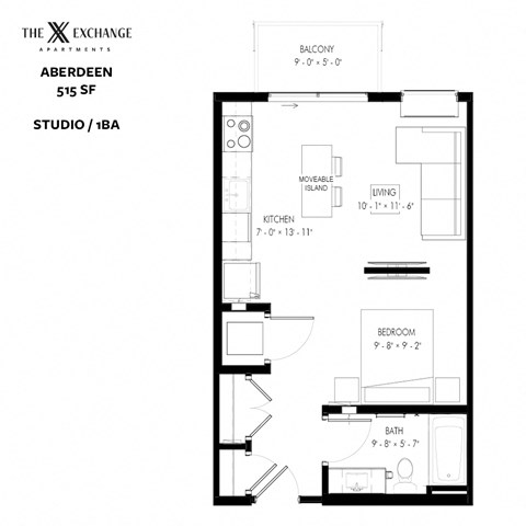Floor plan for studio, 1 bath, 515 sqft