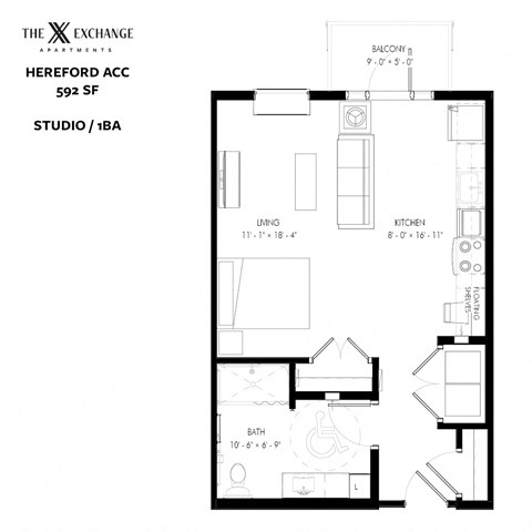 Floor plan for studio, 1 bath, 592 sqft