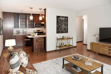 Minneapolis apartment for rent - a living room and kitchen with a couch and a table
