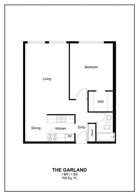 Floor plan for 1 bed, 1 bath, 700 sqft