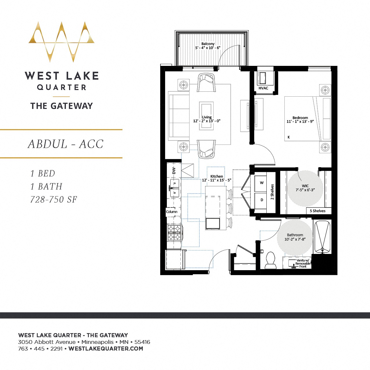 Floor plan for 1 bed, 1 bath, 750 sqft