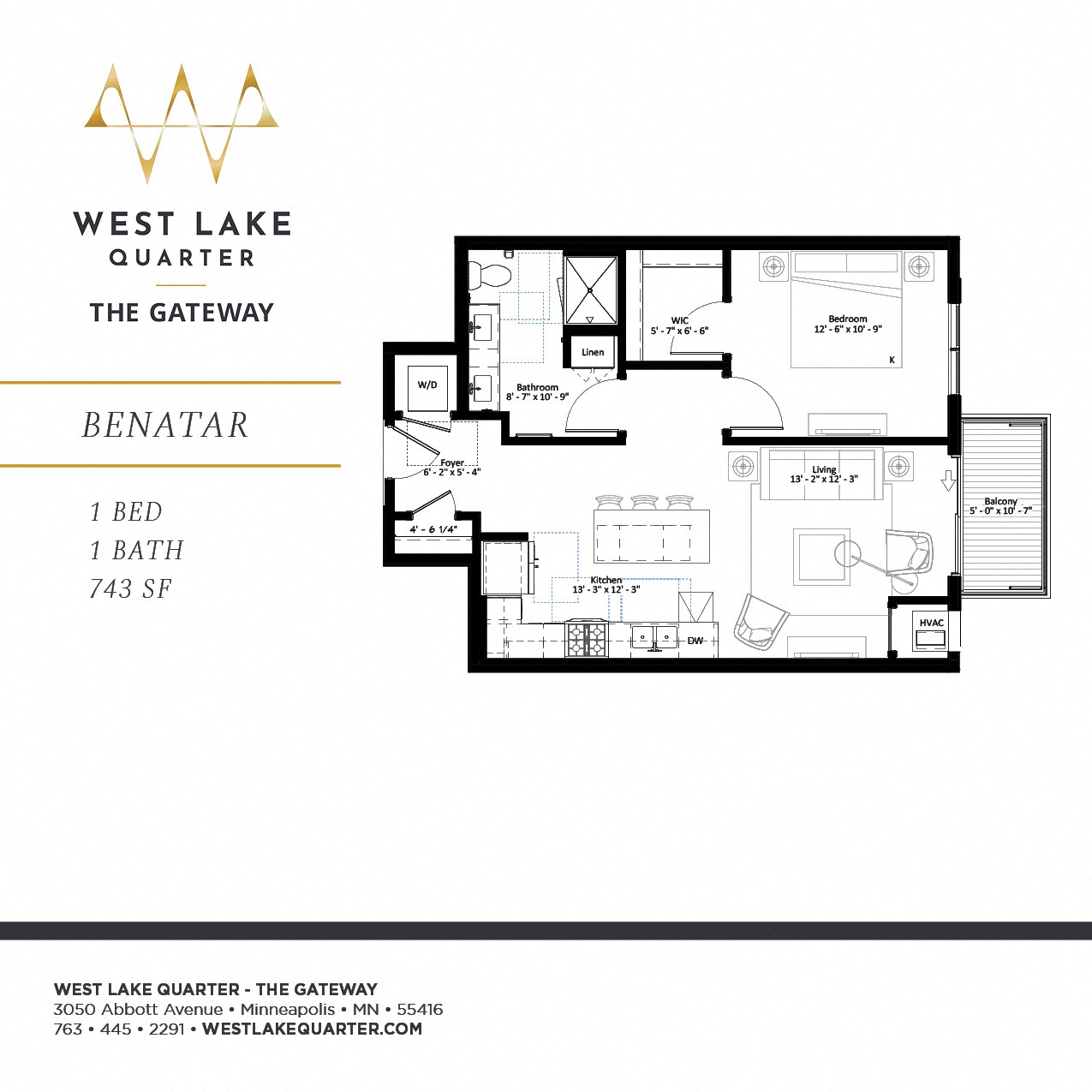 Floor plan for 1 bed, 1 bath, 743 sqft