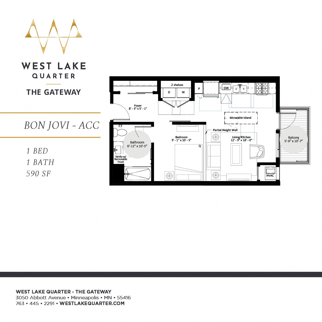 Floor plan for 1 bed, 1 bath, 590 sqft