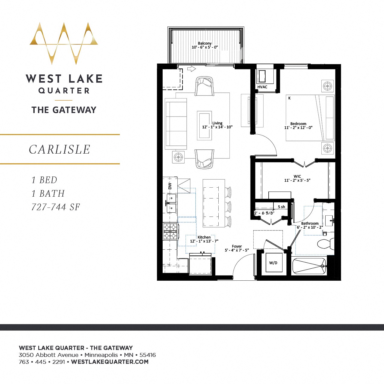 Floor plan for 1 bed, 1 bath, 744 sqft