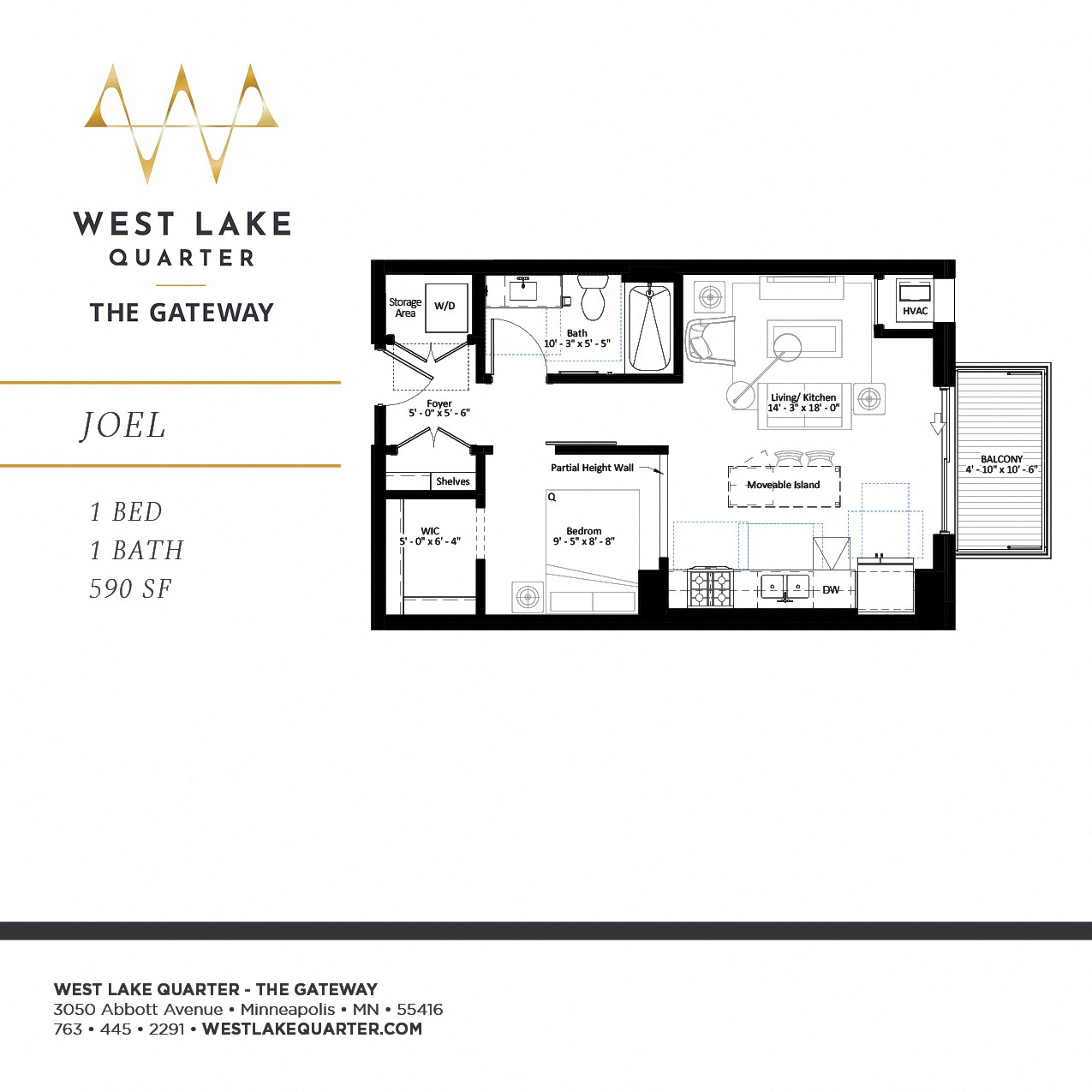 Floor plan for studio, 1 bath, 590 sqft