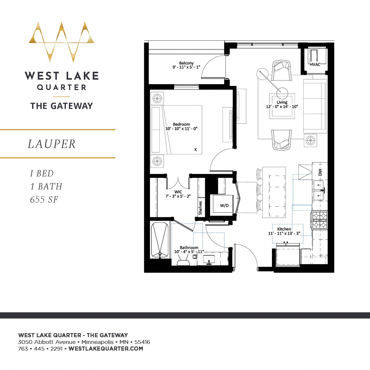 Floor plan for 1 bed, 1 bath, 655 sqft
