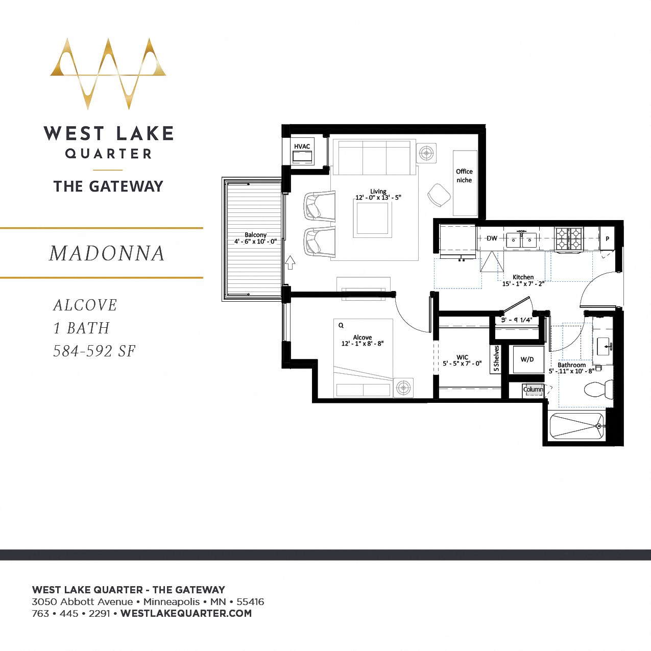 Floor plan for studio, 1 bath, 592 sqft