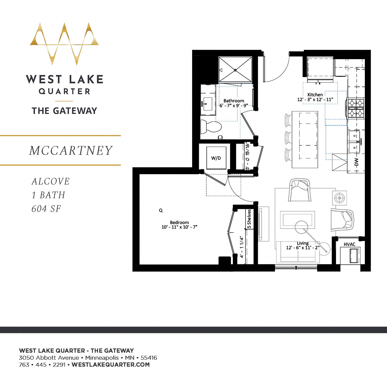 Floor plan for studio, 1 bath, 604 sqft