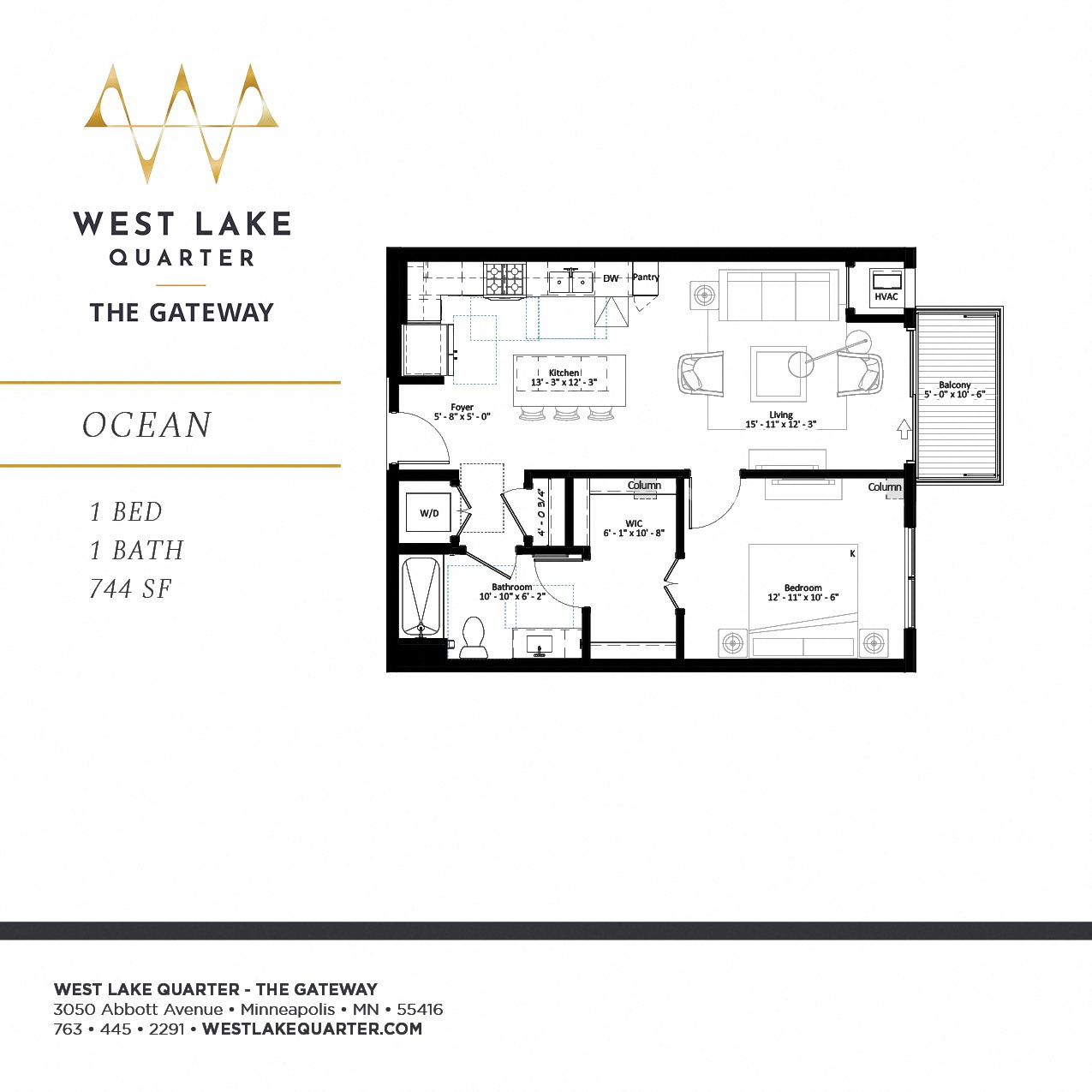 Floor plan for 1 bed, 1 bath, 744 sqft