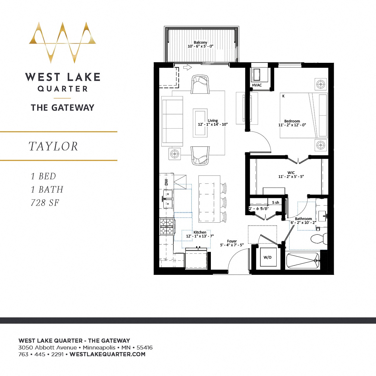 Floor plan for 1 bed, 1 bath, 728 sqft