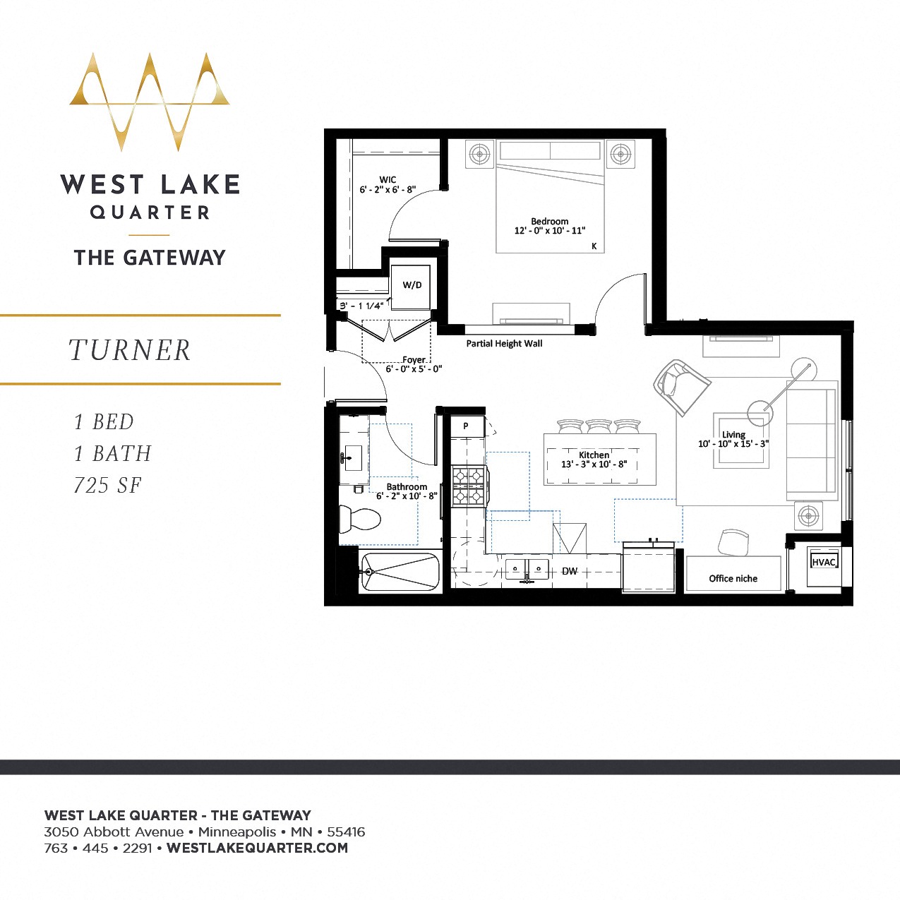 Floor plan for 1 bed, 1 bath, 725 sqft