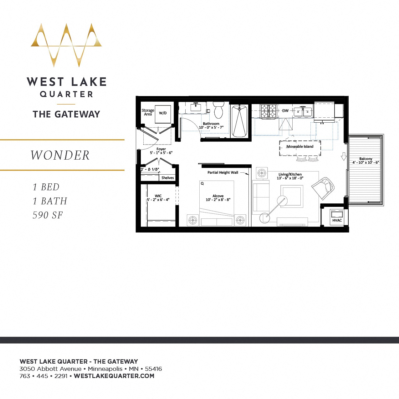 Floor plan for 1 bed, 1 bath, 590 sqft