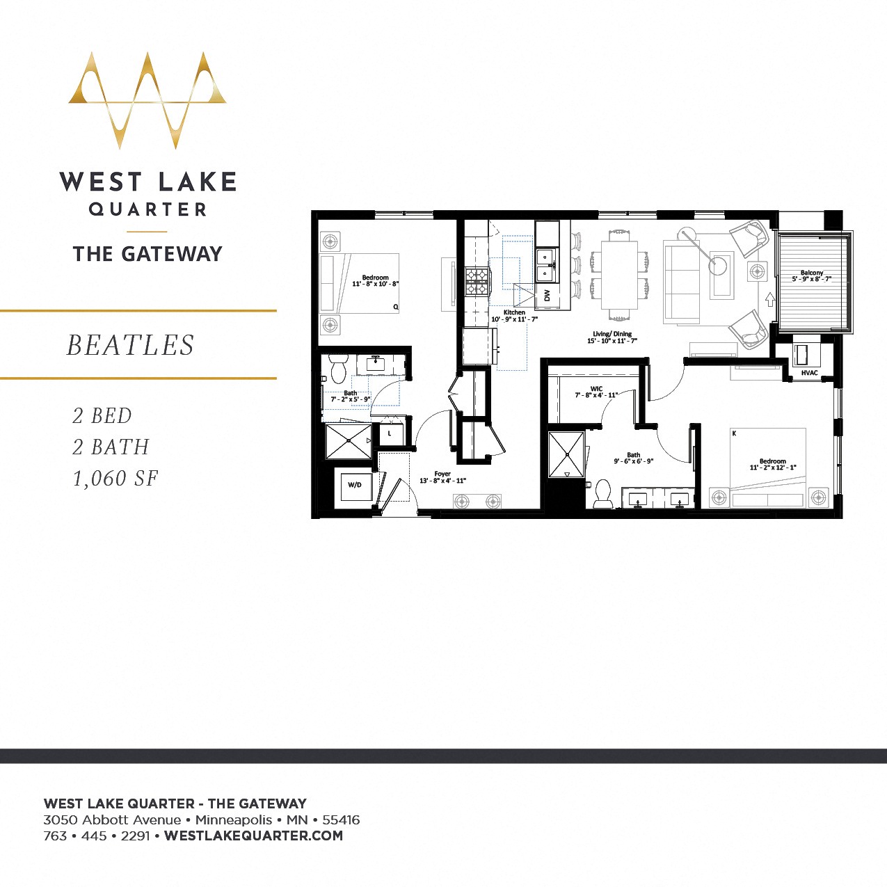 Floor plan for 2 beds, 2 baths, 1060 sqft