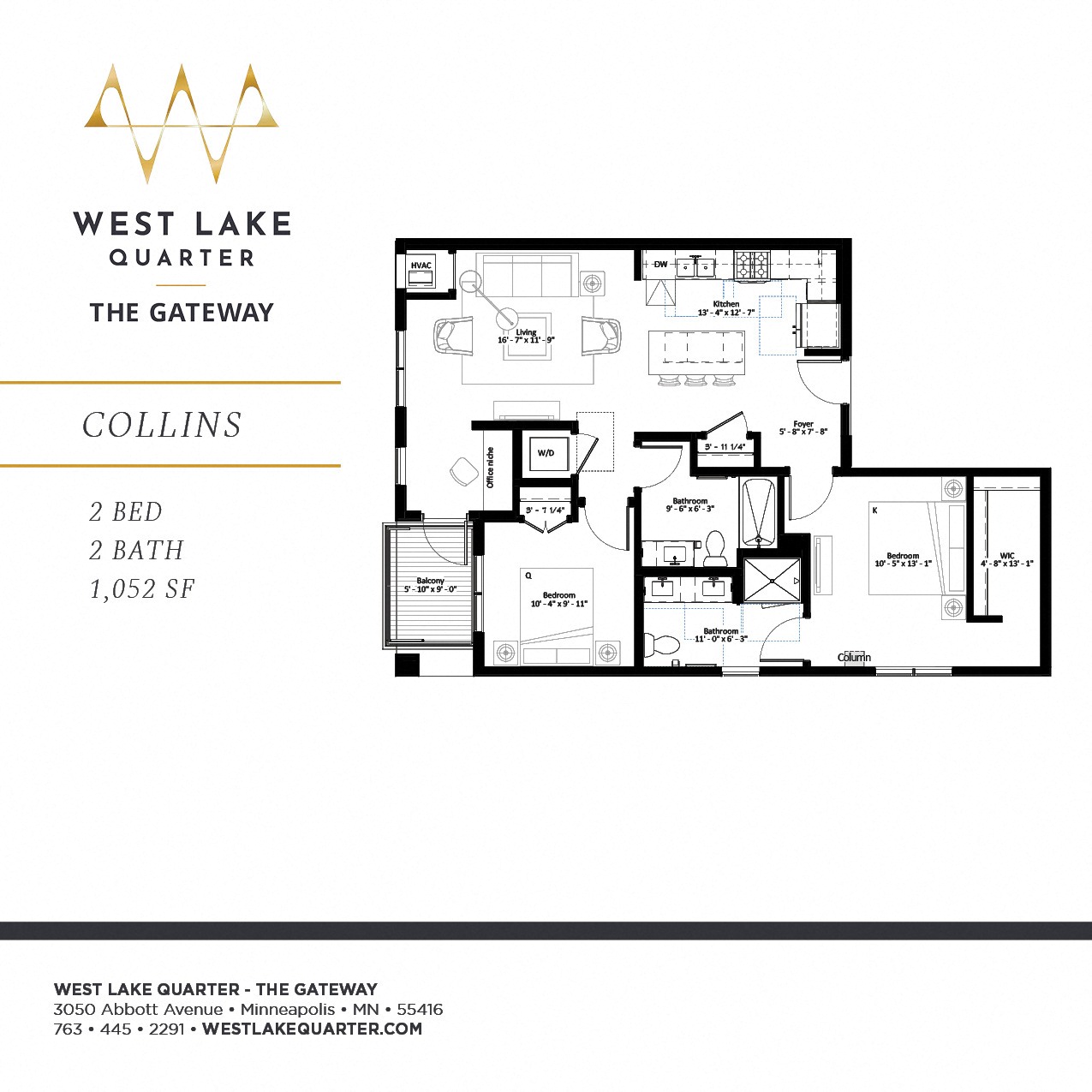 Floor plan for 2 beds, 2 baths, 1052 sqft