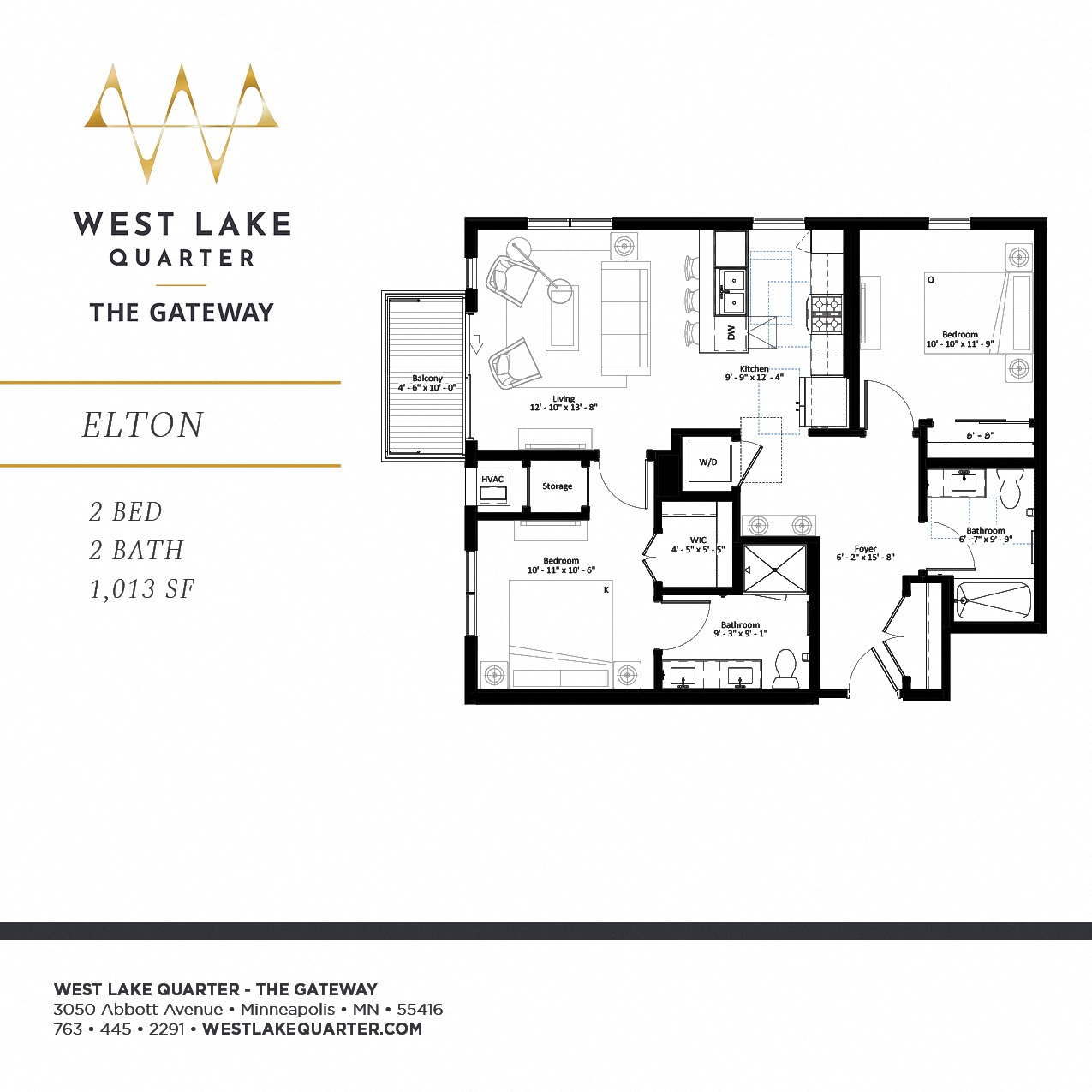 Floor plan for 2 beds, 2 baths, 1013 sqft