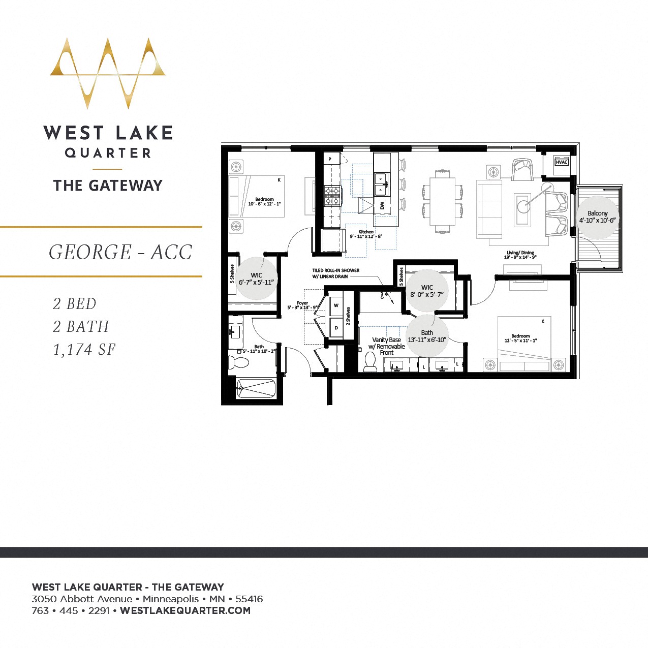 Floor plan for 2 beds, 2 baths, 1173 sqft