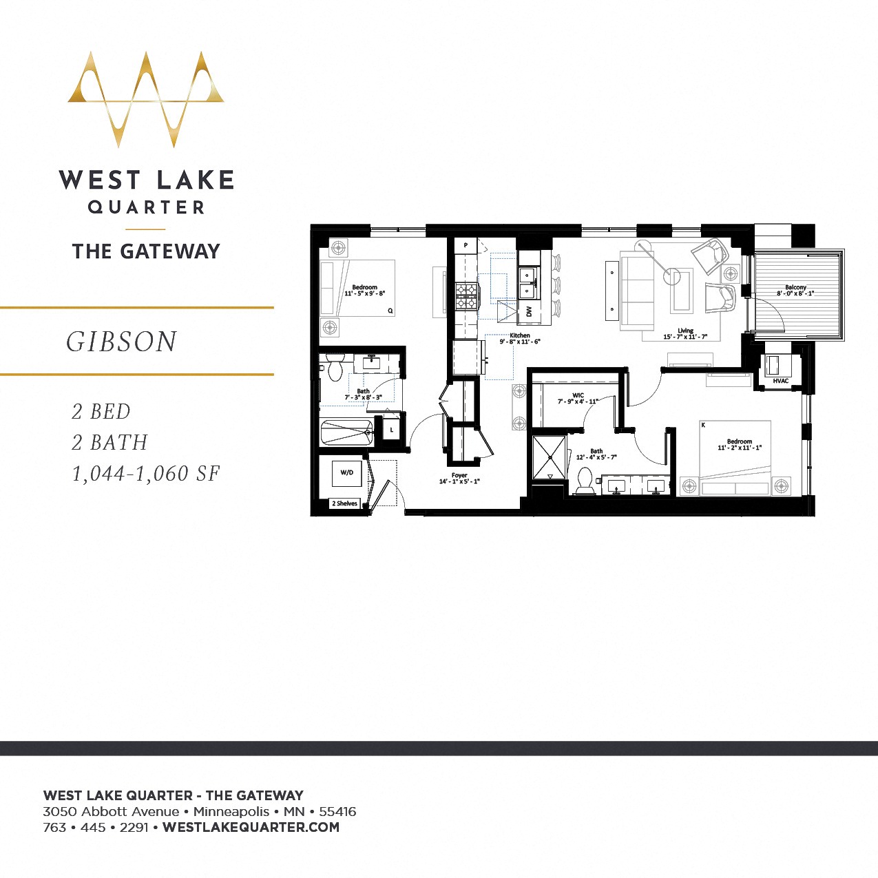 Floor plan for 2 beds, 2 baths, 1063 sqft