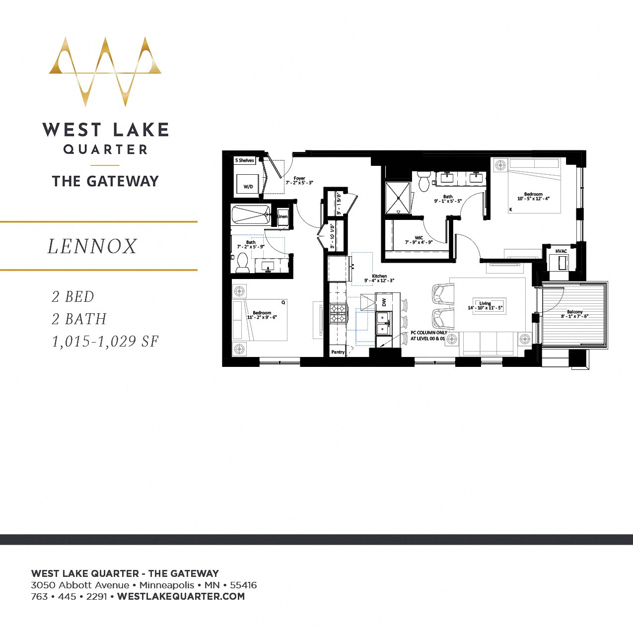 Floor plan for 2 beds, 2 baths, 1015 sqft