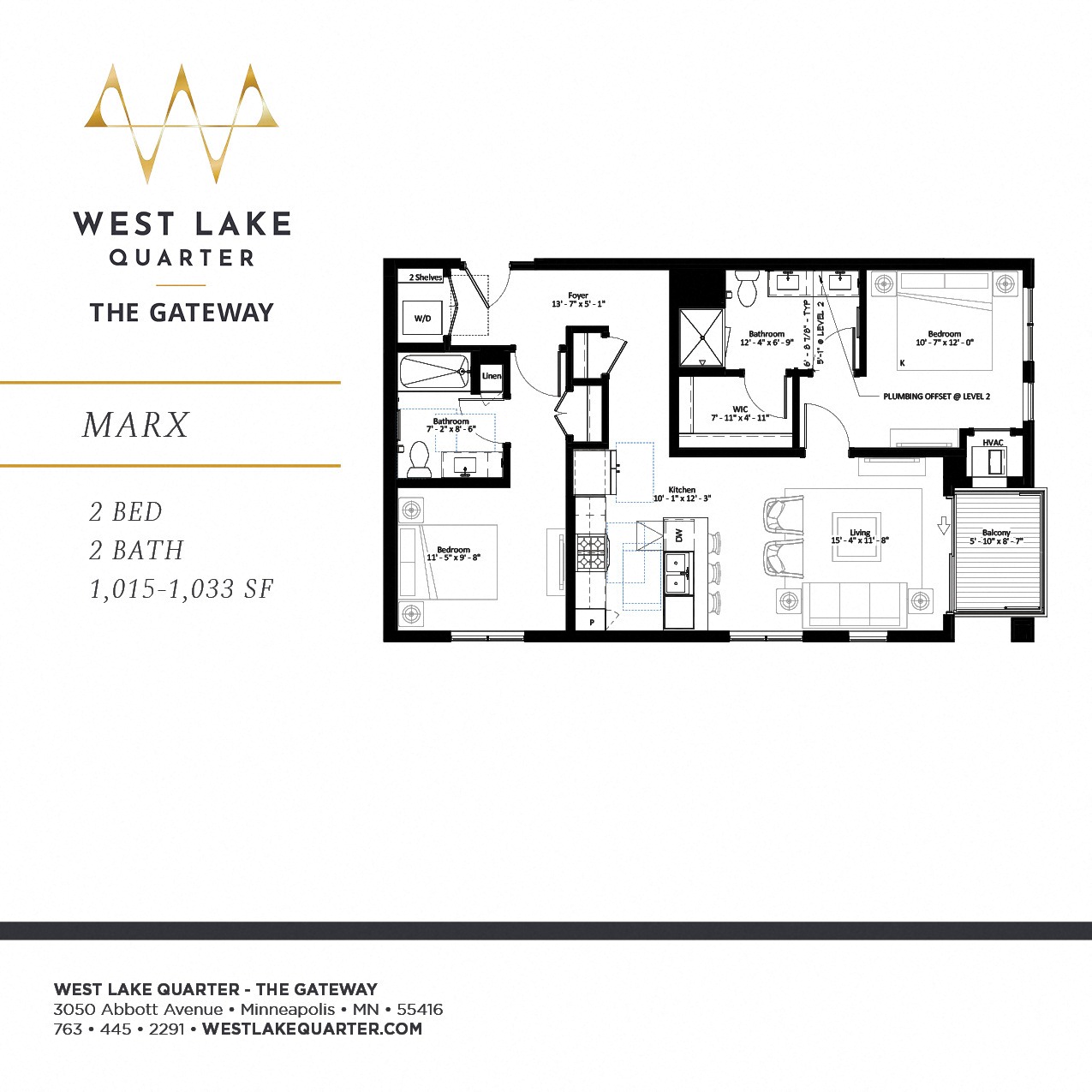 Floor plan for 2 beds, 2 baths, 1033 sqft