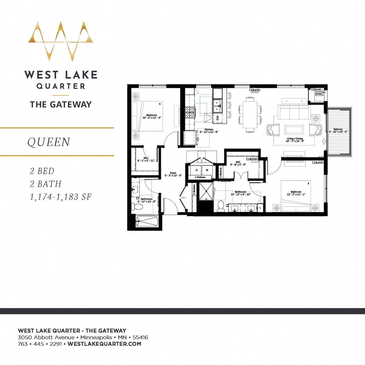 Floor plan for 2 beds, 2 baths, 1183 sqft