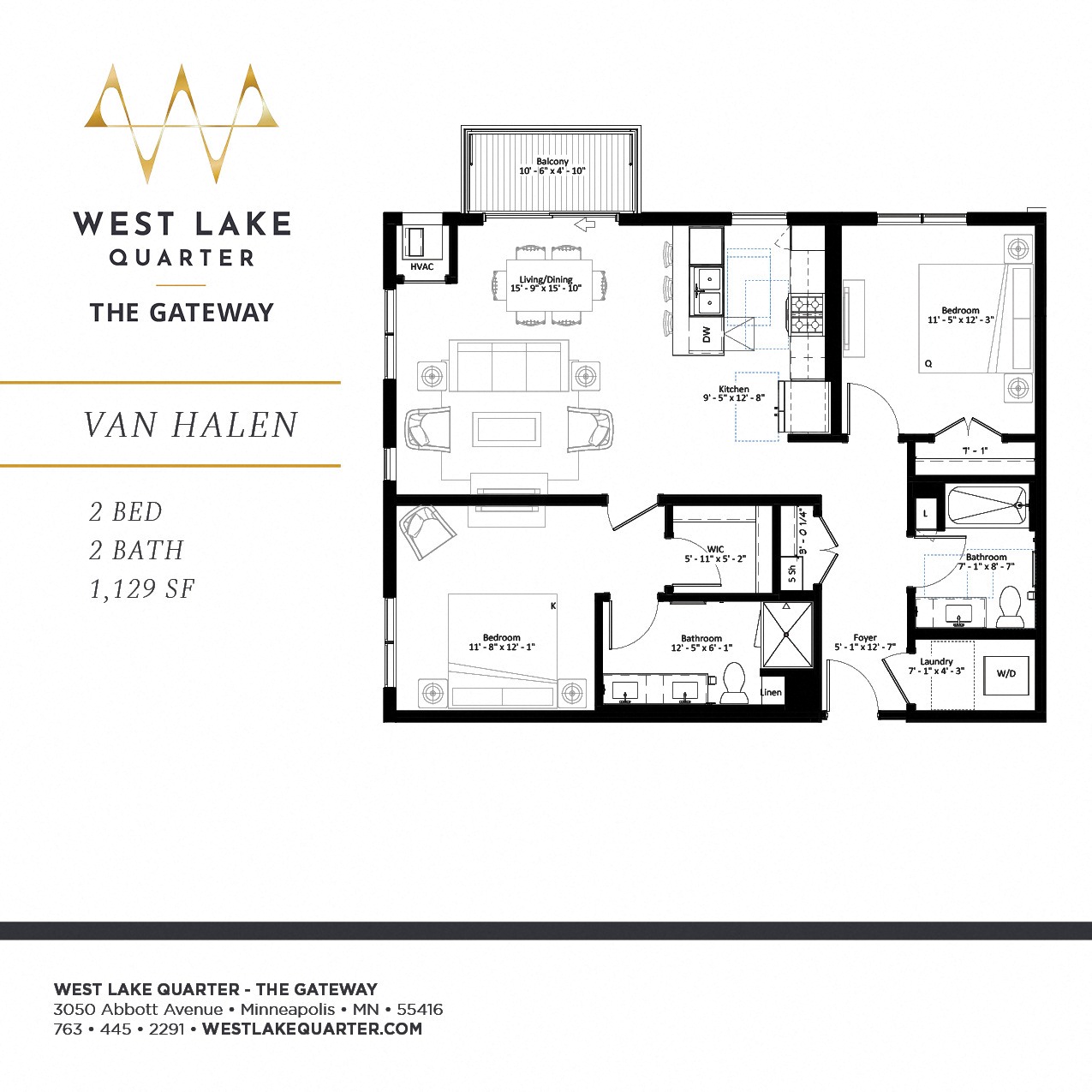 Floor plan for 2 beds, 2 baths, 1129 sqft