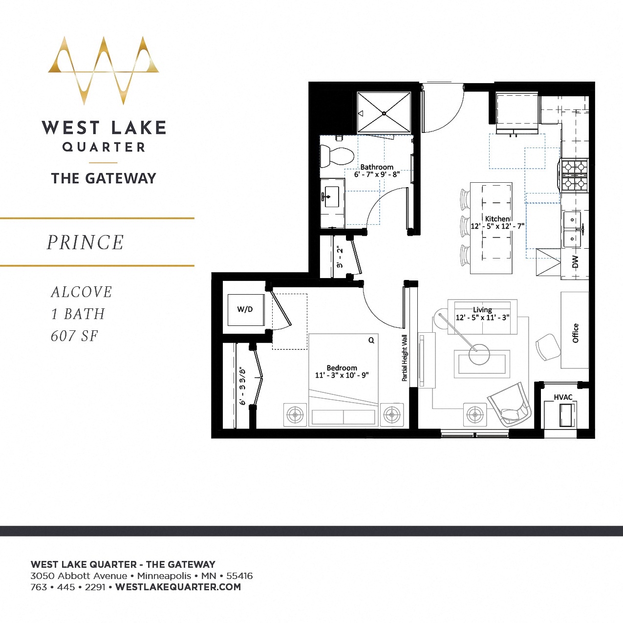 Floor plan for studio, 1 bath, 607 sqft