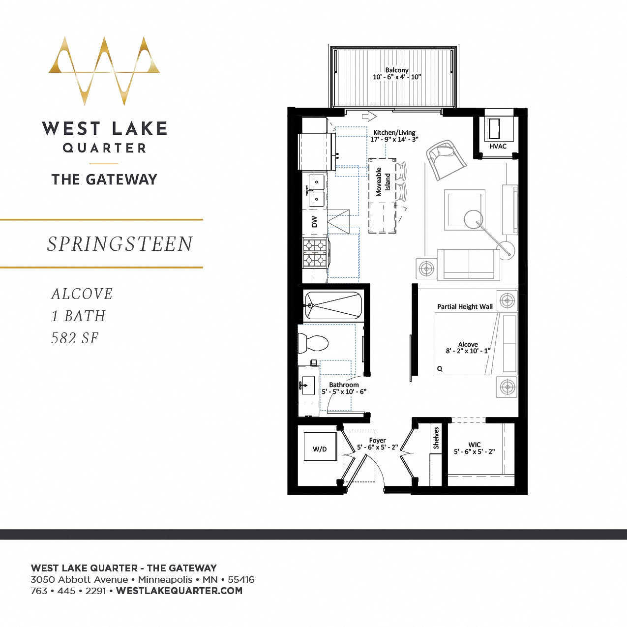 Floor plan for studio, 1 bath, 582 sqft