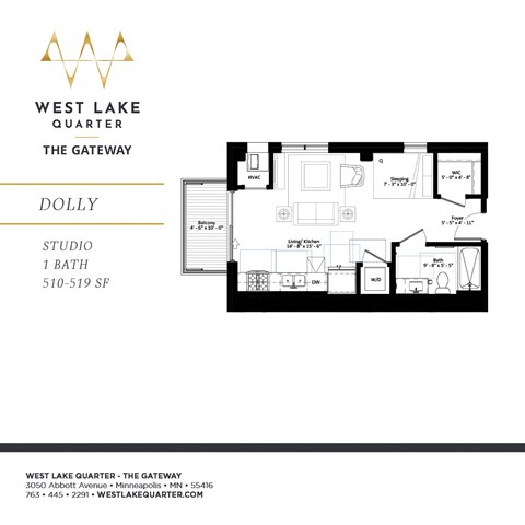 Floor plan for studio, 1 bath, 519 sqft