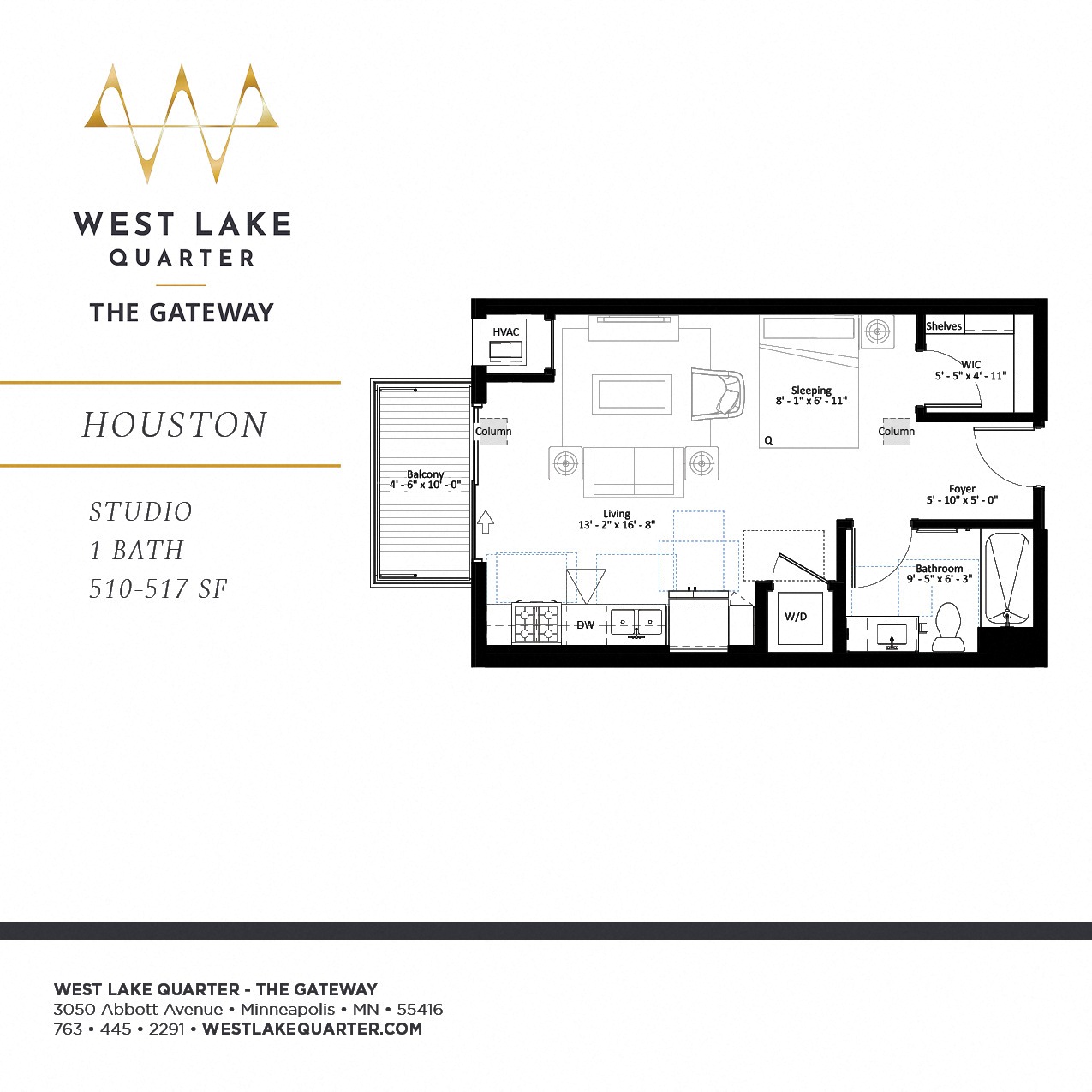 Floor plan for studio, 1 bath, 510 sqft