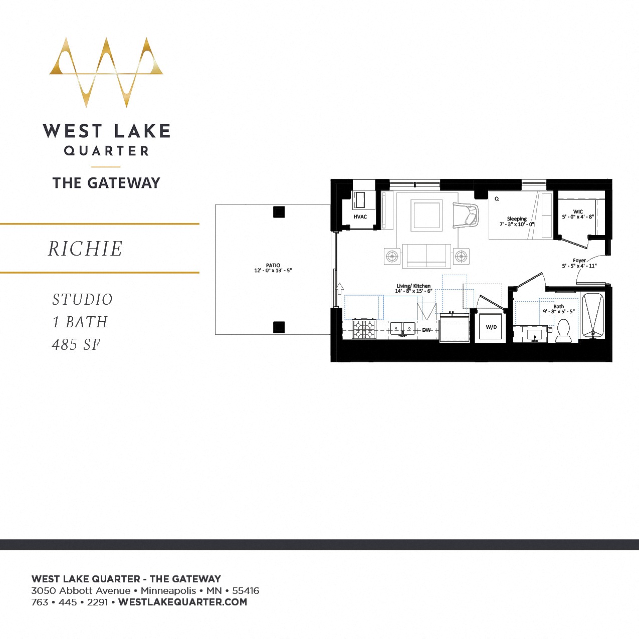 Floor plan for studio, 1 bath, 485 sqft