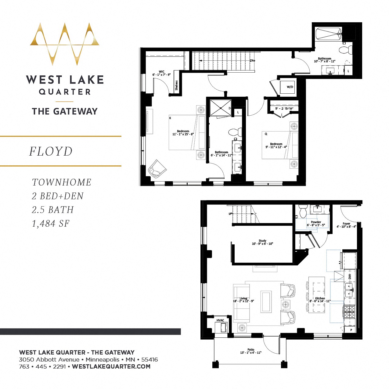 Floor plan for 2 beds, 2.5 baths, 1484 sqft