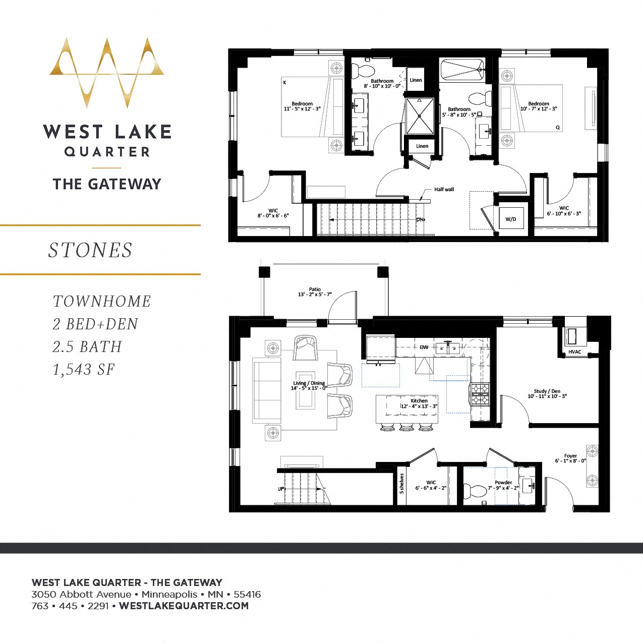 Floor plan for 2 beds, 2.5 baths, 1543 sqft