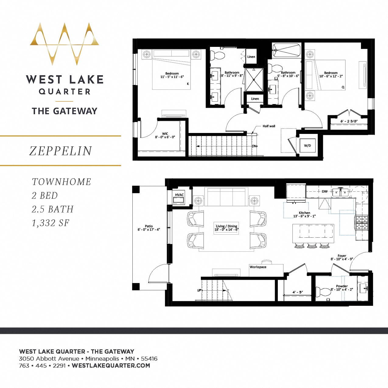Floor plan for 2 beds, 2.5 baths, 1332 sqft