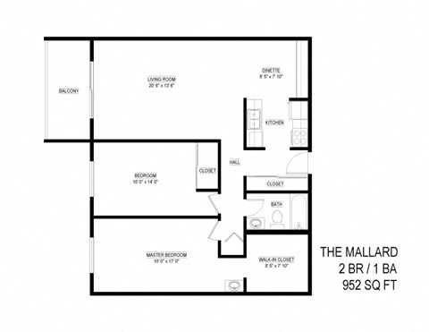 Floor plan for 2 beds, 1 bath, 952 sqft