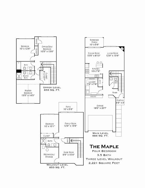 Floor plan for 4 beds, 3.5 baths, 2221 sqft