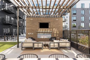 Outdoor lounge with fireplace