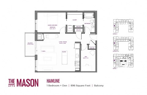 Floor plan for 1 bed, 1 bath, 896 sqft