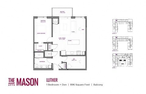 Floor plan for 1 bed, 1 bath, 896 sqft