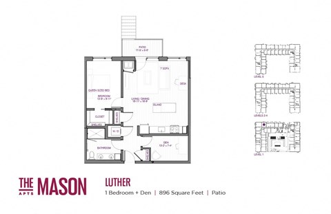 Floor plan for 1 bed, 1 bath, 896 sqft