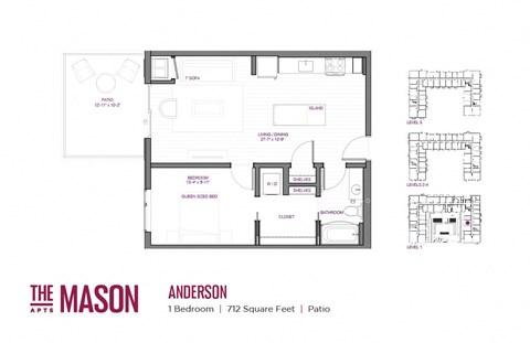 Floor plan for 1 bed, 1 bath, 712 sqft