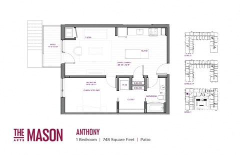 Floor plan for 1 bed, 1 bath, 748 sqft