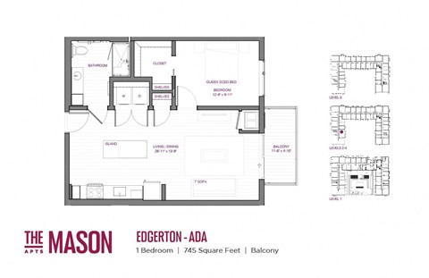 Floor plan for 1 bed, 1 bath, 745 sqft