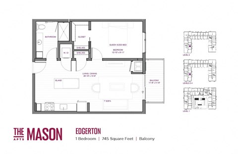 Floor plan for 1 bed, 1 bath, 745 sqft