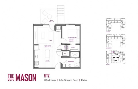 Floor plan for 1 bed, 1 bath, 662 sqft