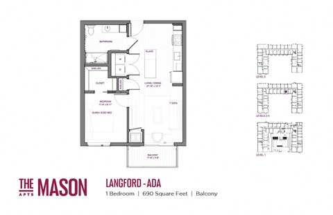 Floor plan for 1 bed, 1 bath, 690 sqft