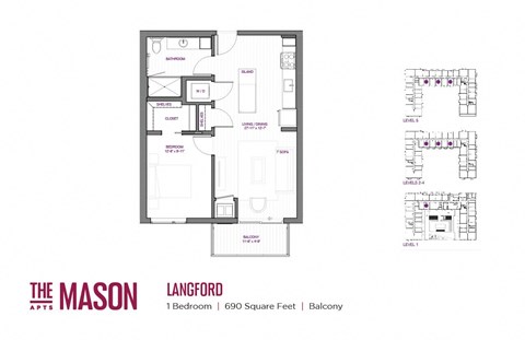 Floor plan for 1 bed, 1 bath, 689 sqft