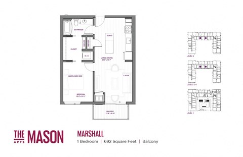 Floor plan for 1 bed, 1 bath, 692 sqft