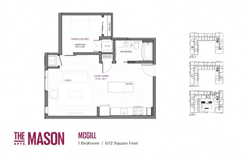 Floor plan for 1 bed, 1 bath, 671 sqft