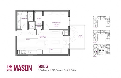 Floor plan for 1 bed, 1 bath, 745 sqft
