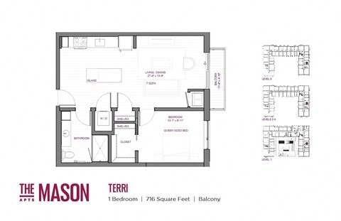 Floor plan for 1 bed, 1 bath, 716 sqft